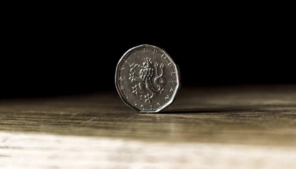 A detailed close-up photo of a Czech Republic coin standing on edge on a wooden surface.